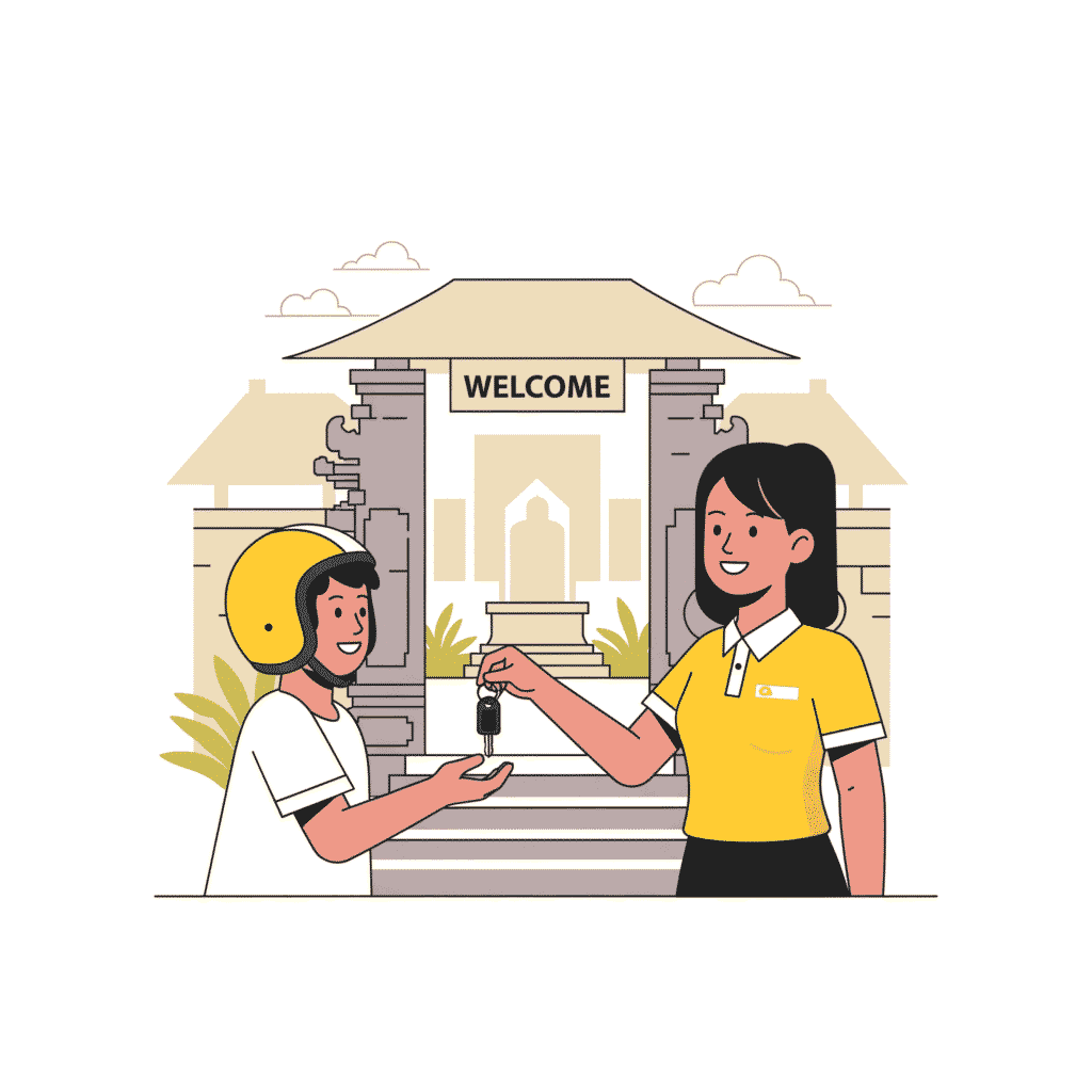 Home 1 Illustration of the easy scooter rental process in Uluwatu, showing a friendly staff member delivering keys to a happy tourist at their villa.
