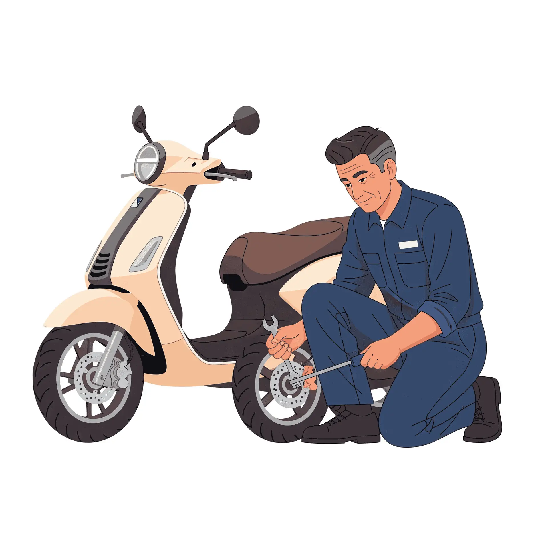 Home 2 Illustration of a mechanic in a clean uniform carefully inspecting a modern scooter, highlighting the reliability of our well-maintained rental fleet in Uluwatu.