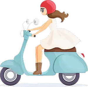 Illustration of a woman riding a scooter, wearing a red helmet and brown boots.